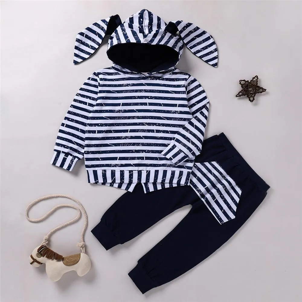 Unisex Stripe Hooded Long Sleeve Top & Pants Trendy Toddler Clothes Cheap