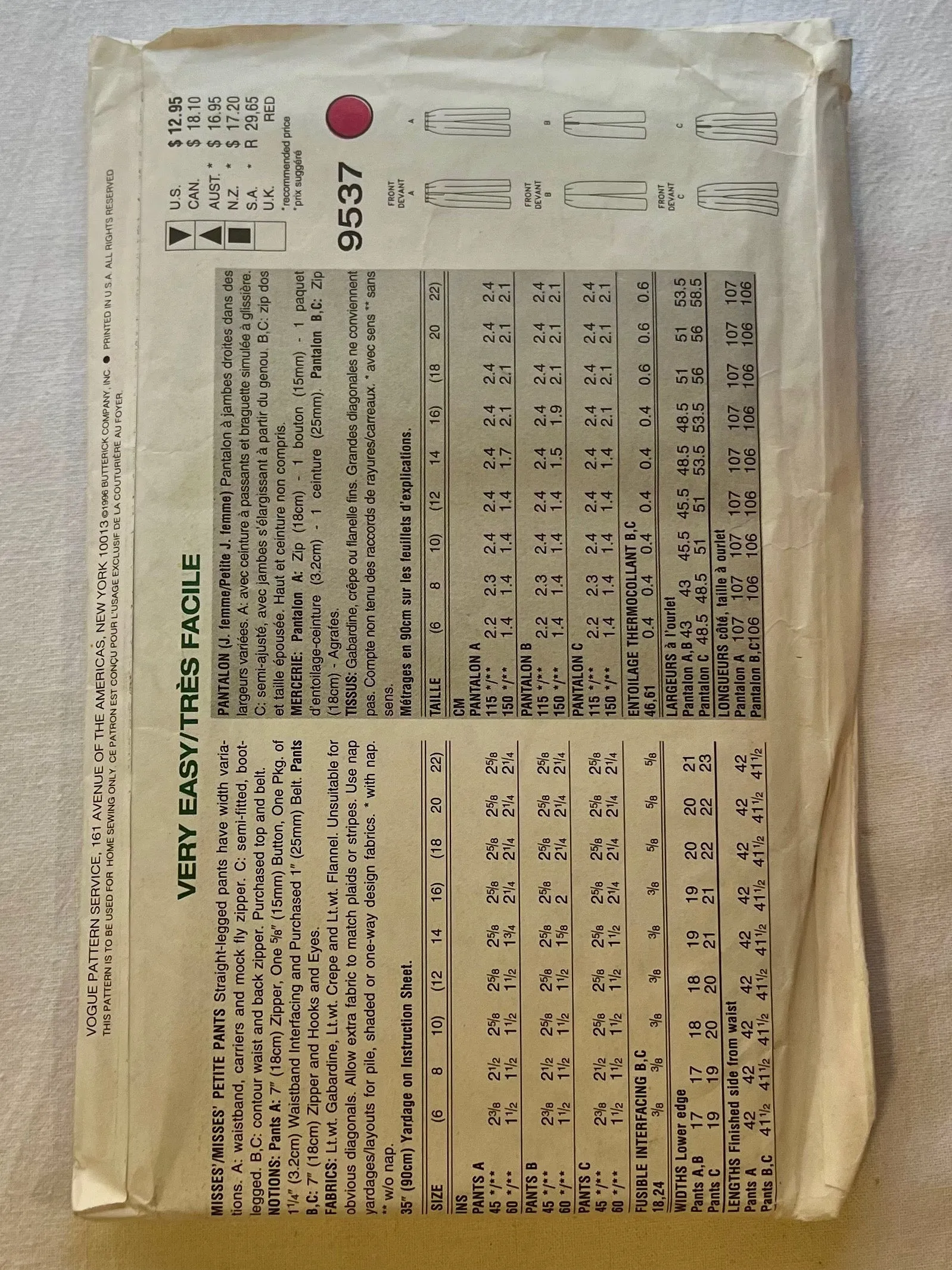 Very Easy Very Vogue 9537 UNCUT Adult Pants Sizes 6-10