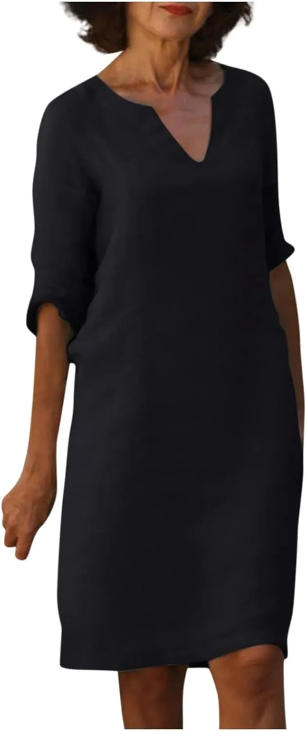 Vestidos De Verano para Mujer 2023,Midi Dresses for Women Wedding Guets Summer 2023 Casual Cotton Linen Dress Womens Fashion Orders My Plus Size 3/4 Sleeve V Neck Y2k Warp Dress(D4 Black,Large)