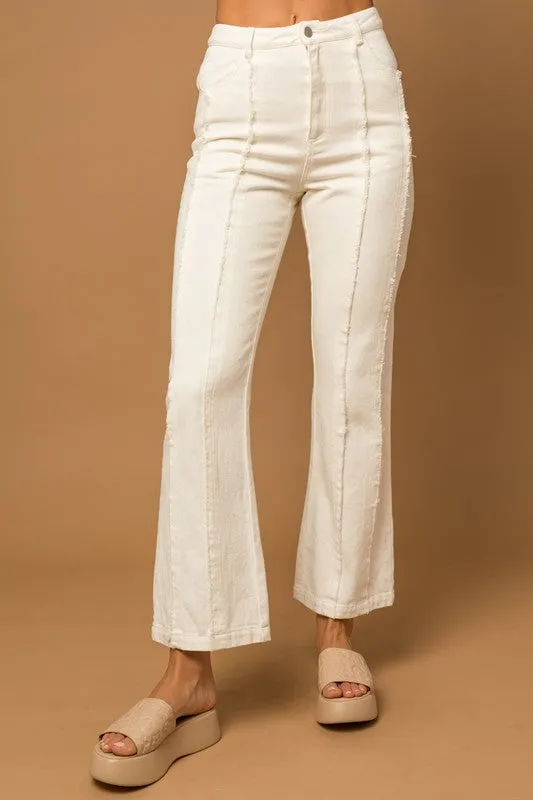 White Exposed Seam Frayed Hem Flare Pants