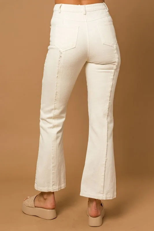White Exposed Seam Frayed Hem Flare Pants
