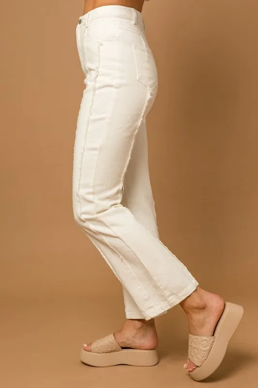White Exposed Seam Frayed Hem Flare Pants