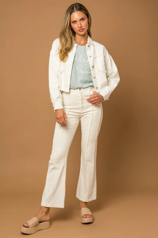 White Exposed Seam Frayed Hem Flare Pants