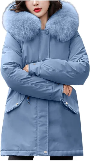 wodceeke Women's Long Parka Jacket with Fur Hood Winter Warm Puffer Coats Cotton Padded Windbreaker Overcoat