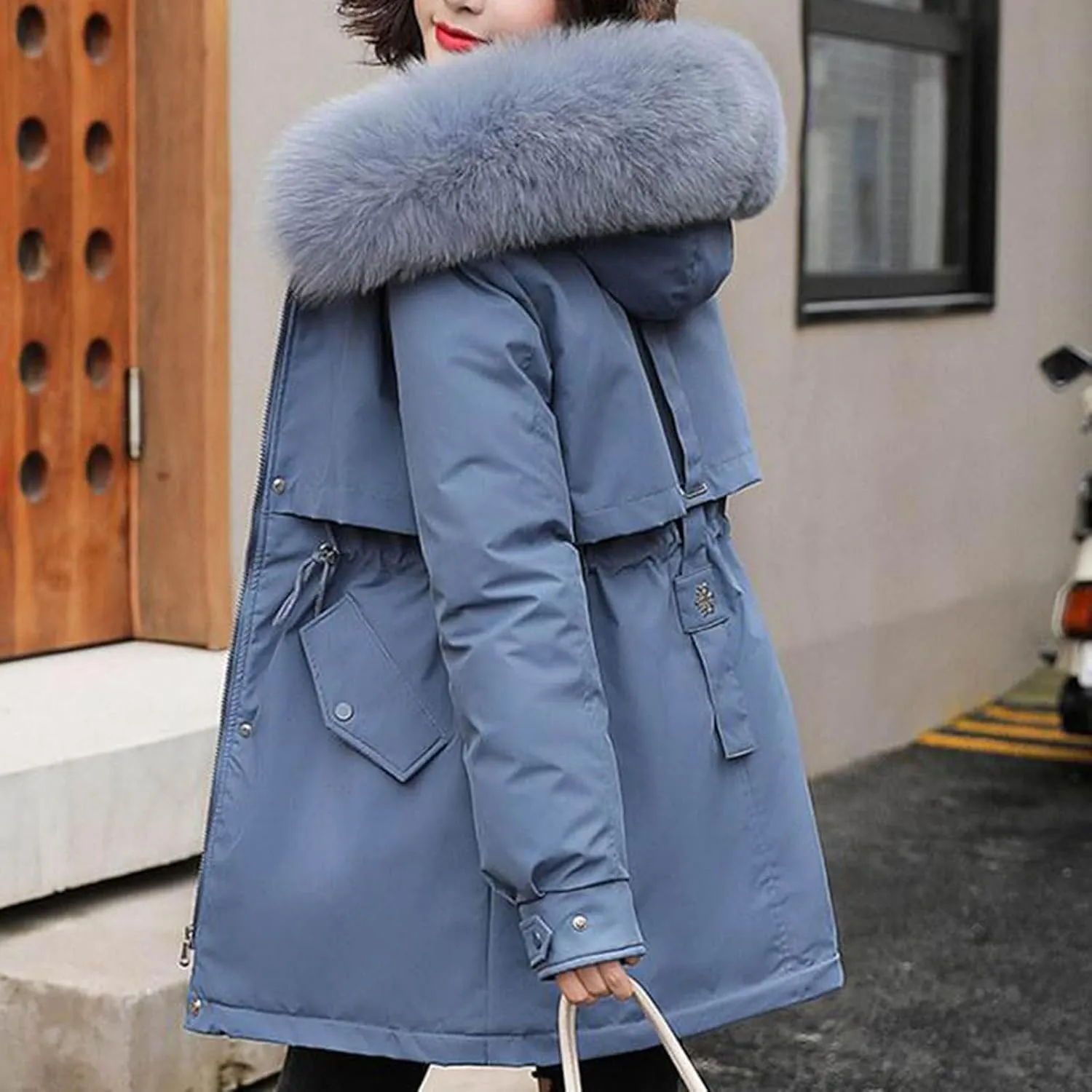 wodceeke Women's Long Parka Jacket with Fur Hood Winter Warm Puffer Coats Cotton Padded Windbreaker Overcoat