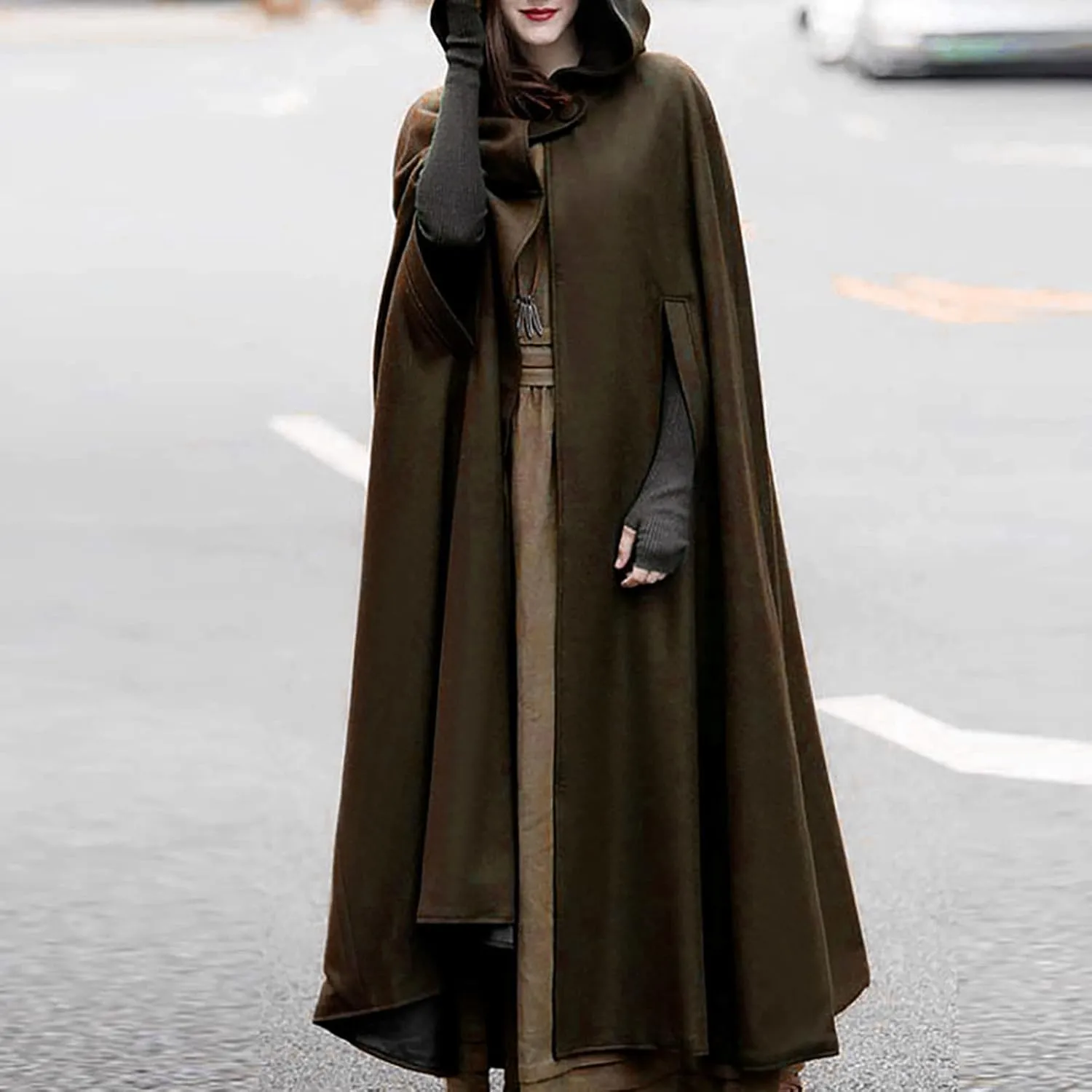 Women Hooded Cape Winter Casual Wool Blend Trench Coat Fashion Windproof Open Front Cardigan Maxi Cloak Coat