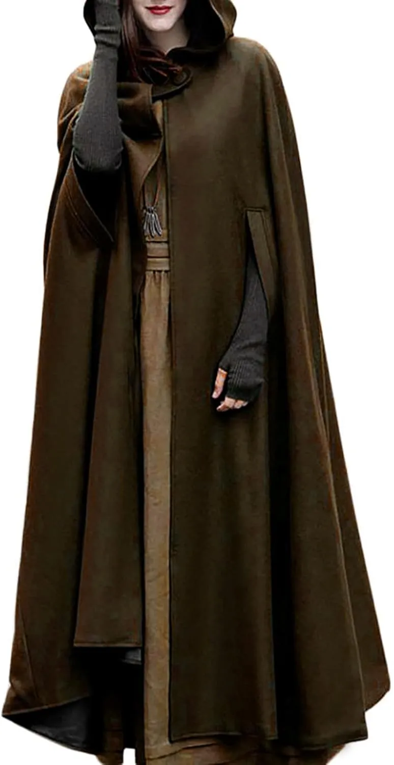 Women Hooded Cape Winter Casual Wool Blend Trench Coat Fashion Windproof Open Front Cardigan Maxi Cloak Coat