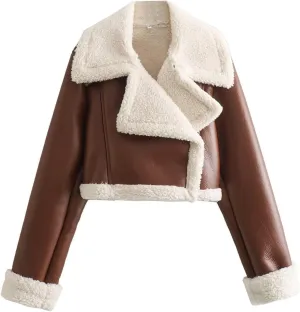 Women Leather Jacket Faux Fur Moto Jacket Thicken Fleece Lined Parka Winter Shearling Fluffy Coat Cropped Bomber Jacket