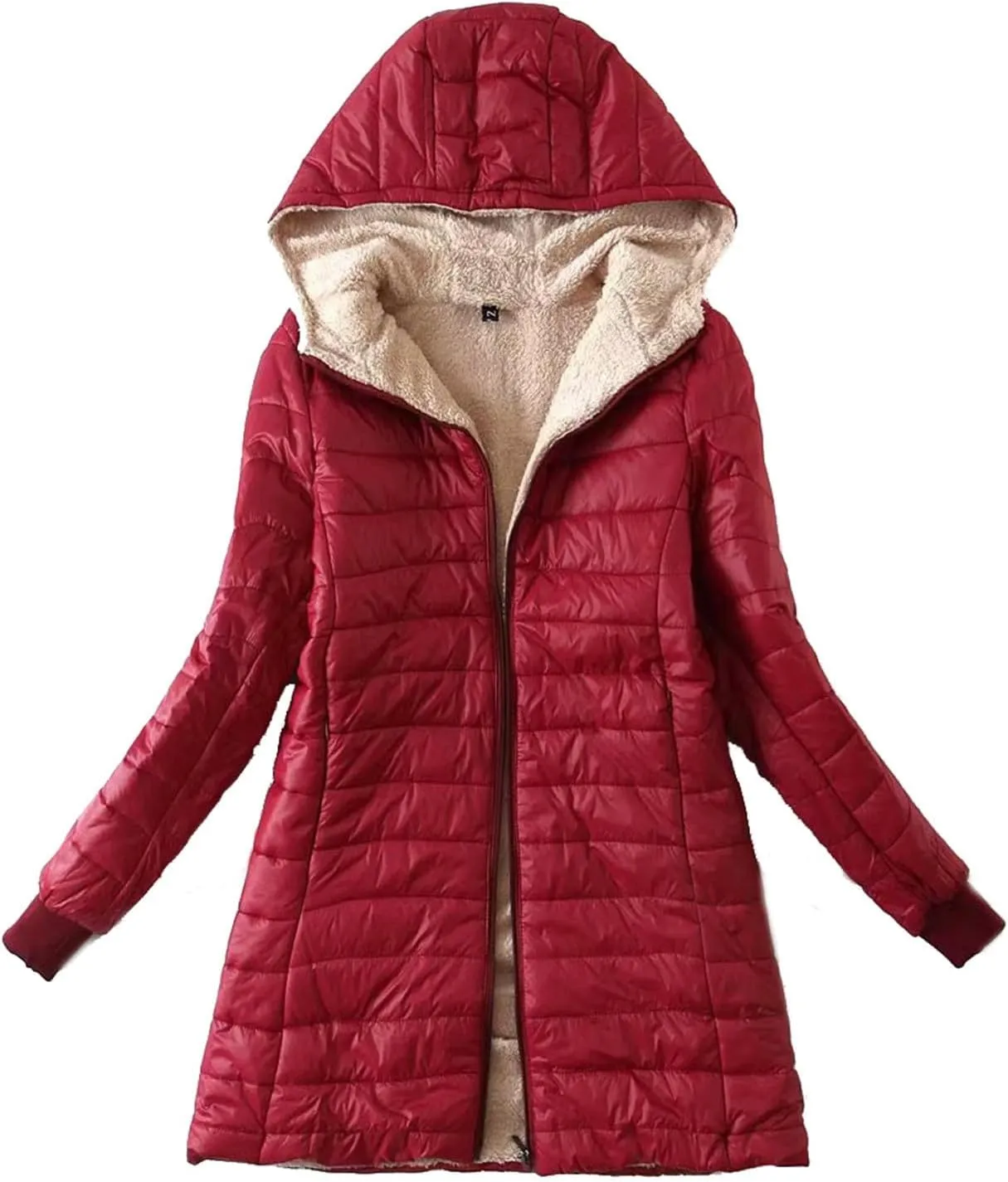 Women Lightweight Down Coat Packable Puffer Jacket Fleece Warm Winter Coat Hooded Mid-Length Jacket Outwear With Pocket