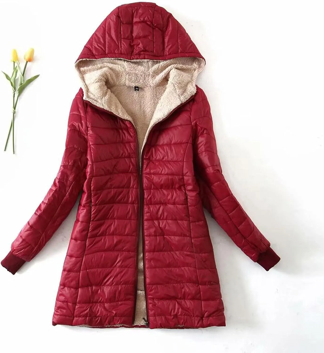 Women Lightweight Down Coat Packable Puffer Jacket Fleece Warm Winter Coat Hooded Mid-Length Jacket Outwear With Pocket