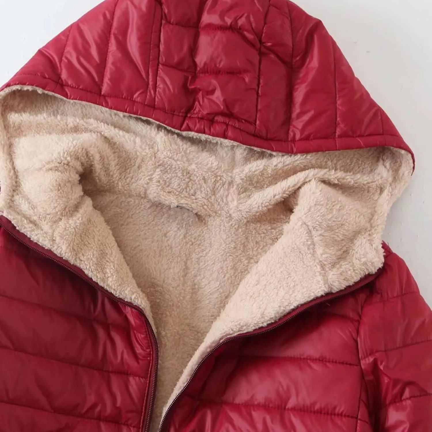 Women Lightweight Down Coat Packable Puffer Jacket Fleece Warm Winter Coat Hooded Mid-Length Jacket Outwear With Pocket