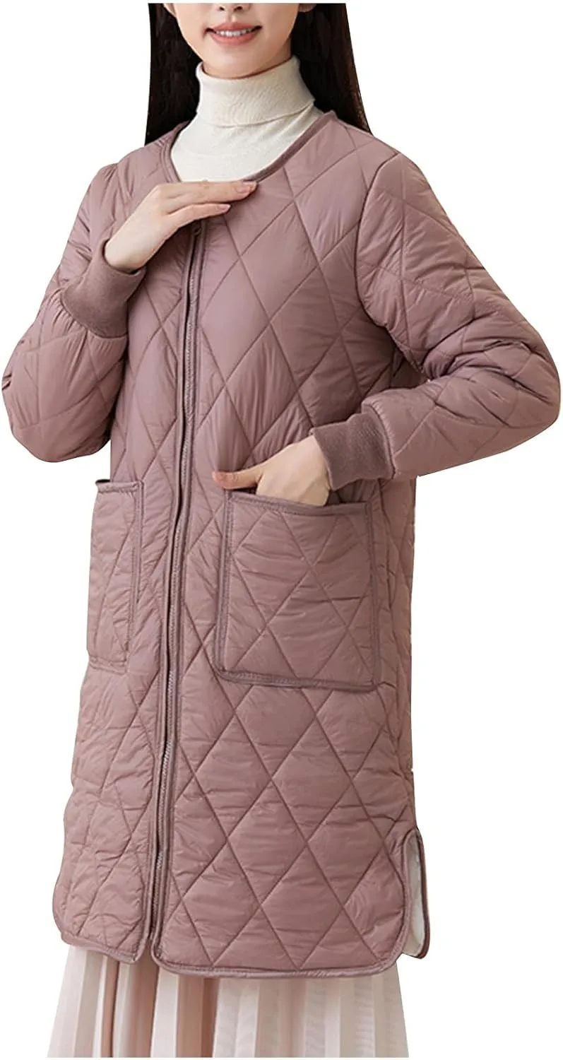 Women Long Quilted Puffer Coats for Winter Cotton-Padded Jacket Button Long Sleeve Pockets Warm Winter Outerwear