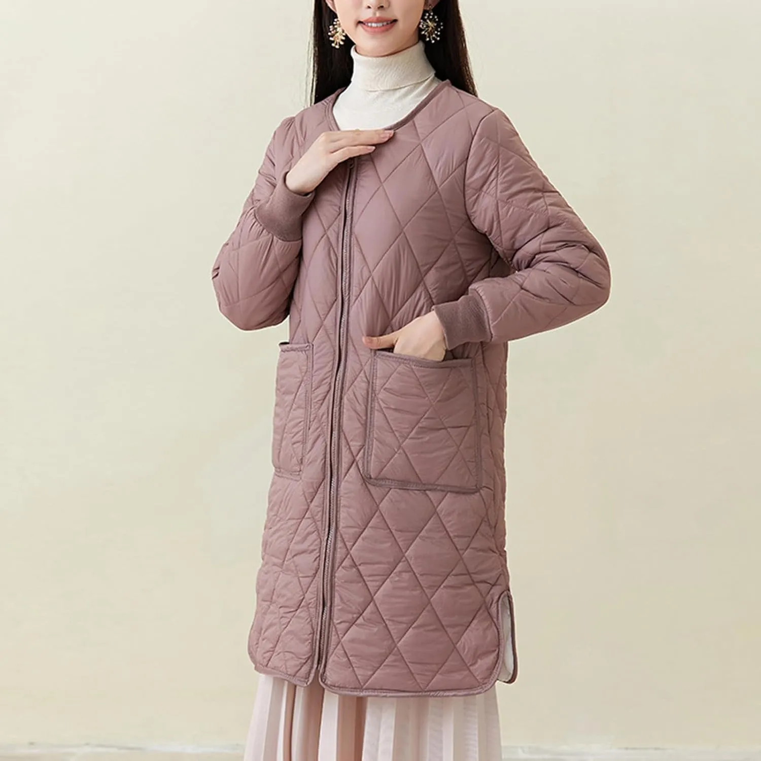 Women Long Quilted Puffer Coats for Winter Cotton-Padded Jacket Button Long Sleeve Pockets Warm Winter Outerwear