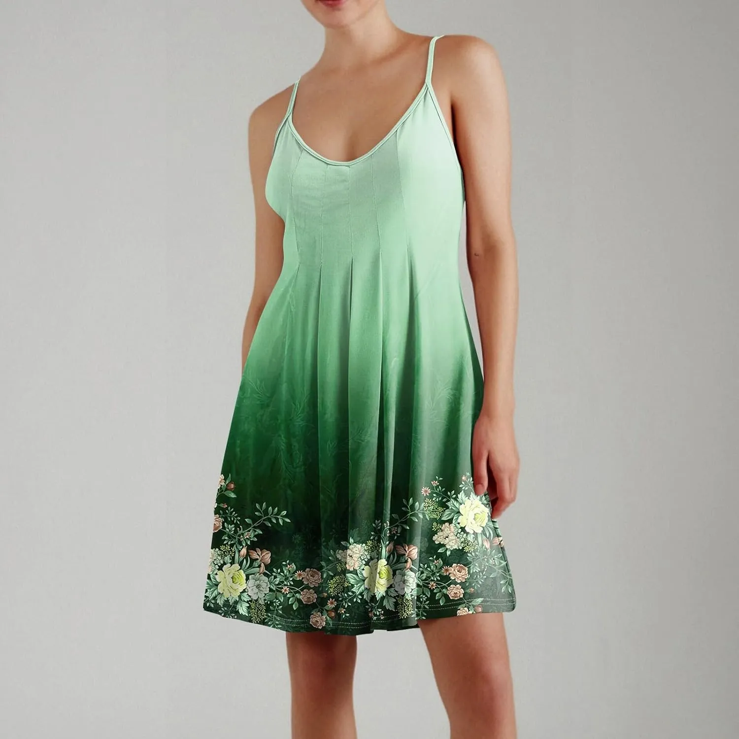 Women Spring Dresses Sleeveless Spaghetti Strap Boho Beach Dress Swimsuit Cover Up Pleated U Neck Mini Dress