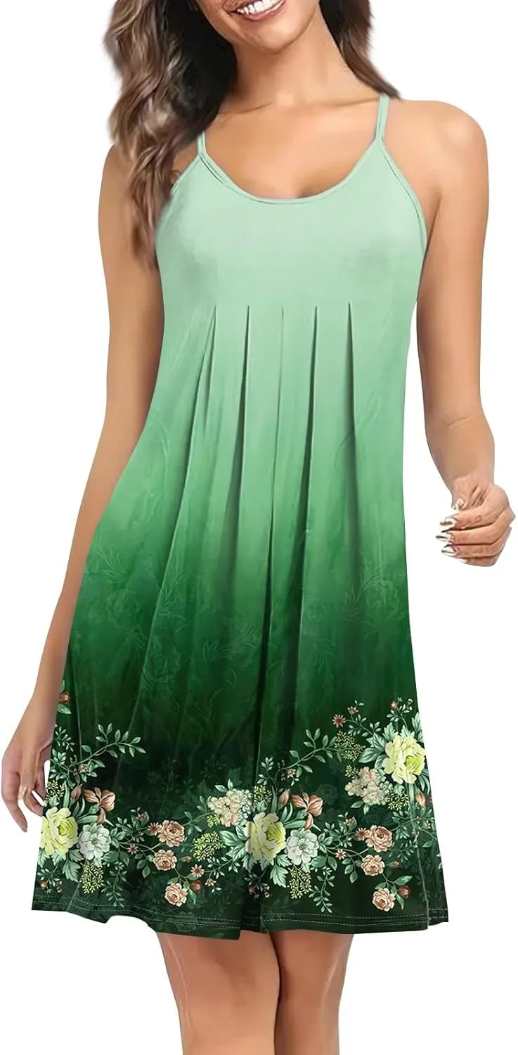 Women Spring Dresses Sleeveless Spaghetti Strap Boho Beach Dress Swimsuit Cover Up Pleated U Neck Mini Dress