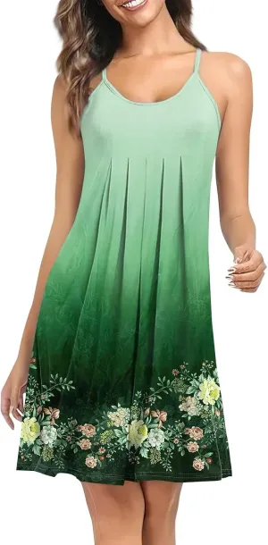 Women Spring Dresses Sleeveless Spaghetti Strap Boho Beach Dress Swimsuit Cover Up Pleated U Neck Mini Dress