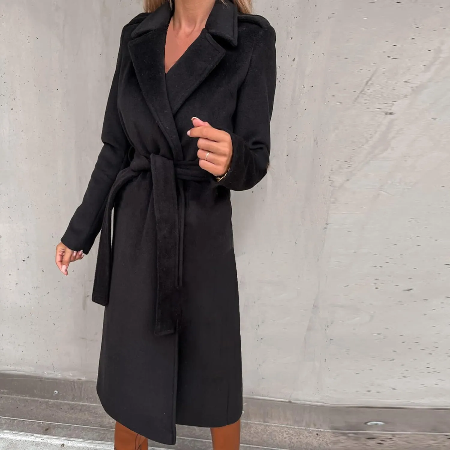 Women's 3/4 Length Trench Coat with Belt Winter Open Front Woolen Jacket Long Cardigan Notch Lapel Outwear