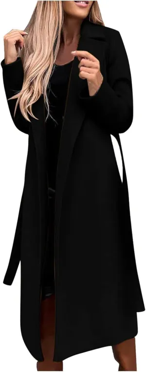 Women's 3/4 Length Trench Coat with Belt Winter Open Front Woolen Jacket Long Cardigan Notch Lapel Outwear