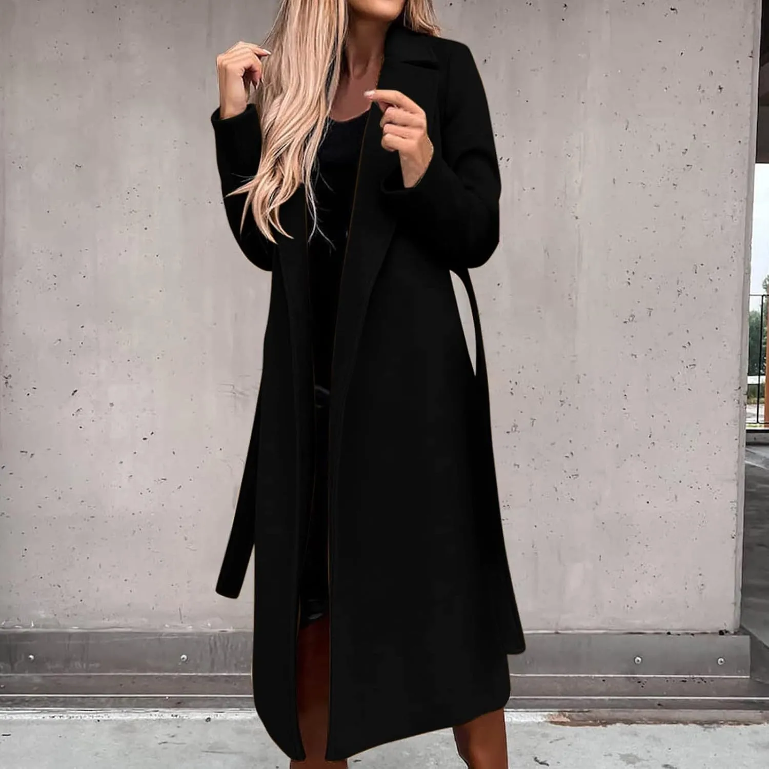 Women's 3/4 Length Trench Coat with Belt Winter Open Front Woolen Jacket Long Cardigan Notch Lapel Outwear