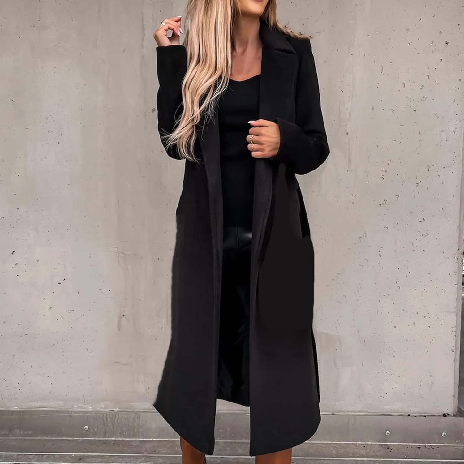 Women's 3/4 Length Trench Coat with Belt Winter Open Front Woolen Jacket Long Cardigan Notch Lapel Outwear