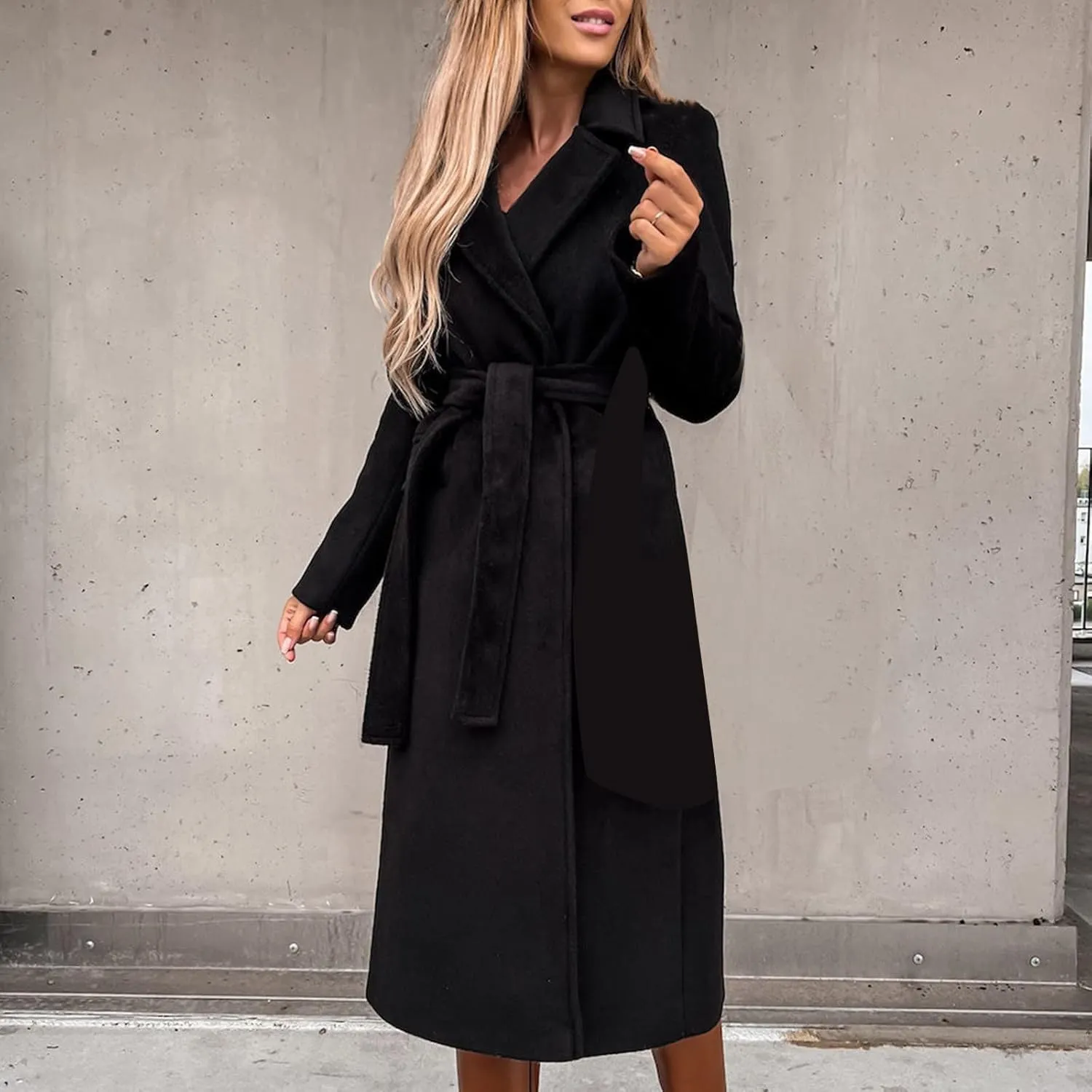 Women's 3/4 Length Trench Coat with Belt Winter Open Front Woolen Jacket Long Cardigan Notch Lapel Outwear