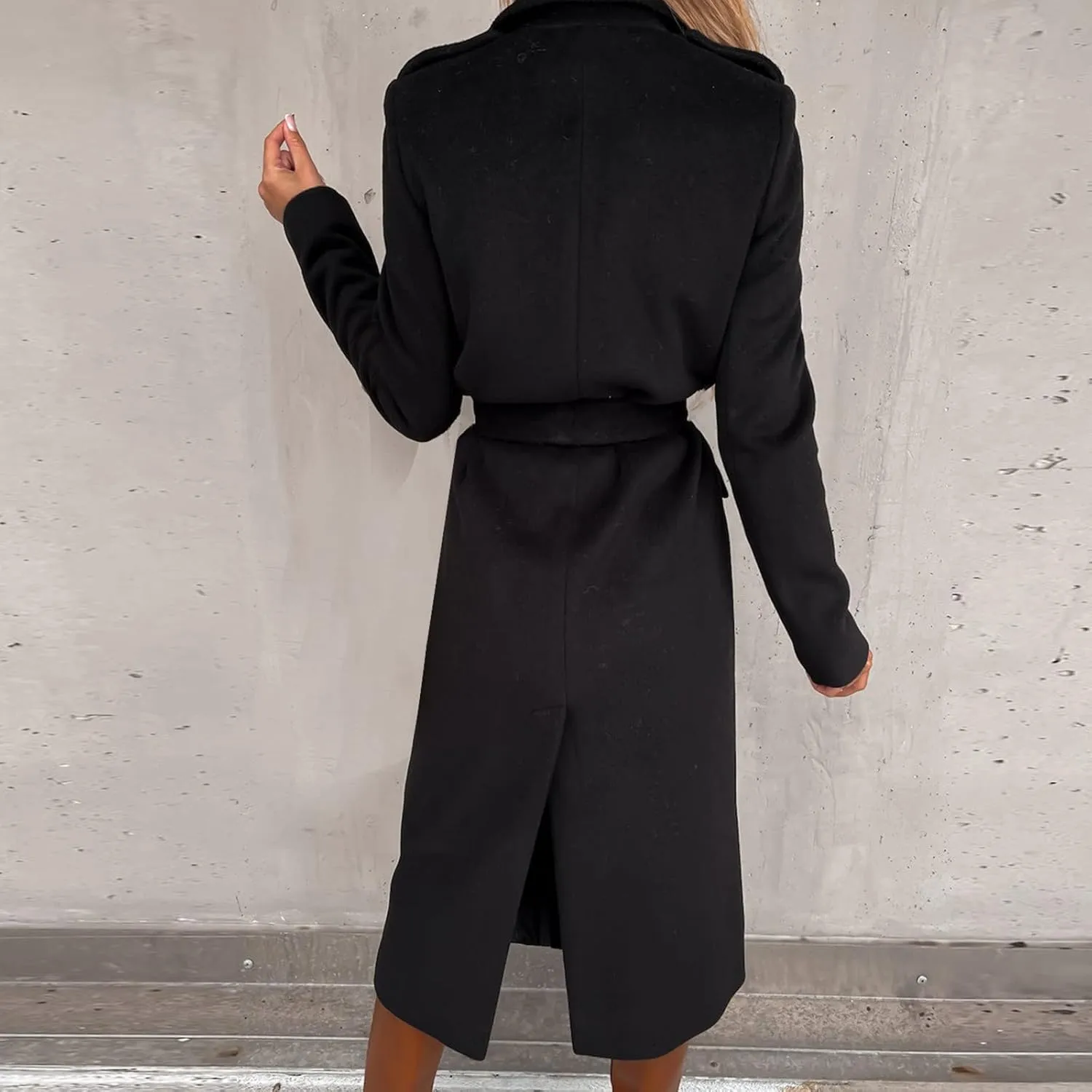 Women's 3/4 Length Trench Coat with Belt Winter Open Front Woolen Jacket Long Cardigan Notch Lapel Outwear