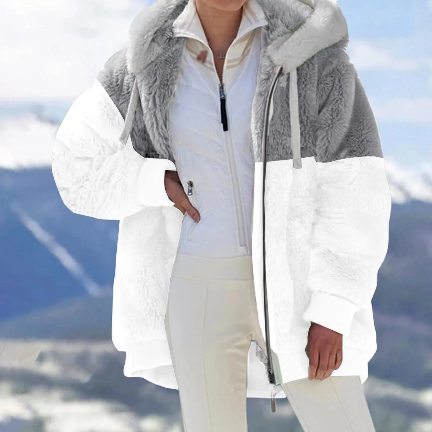 Women's Casual Fashion Loose Solid Color Hat Plus Fleece Collar Pocket Jacket