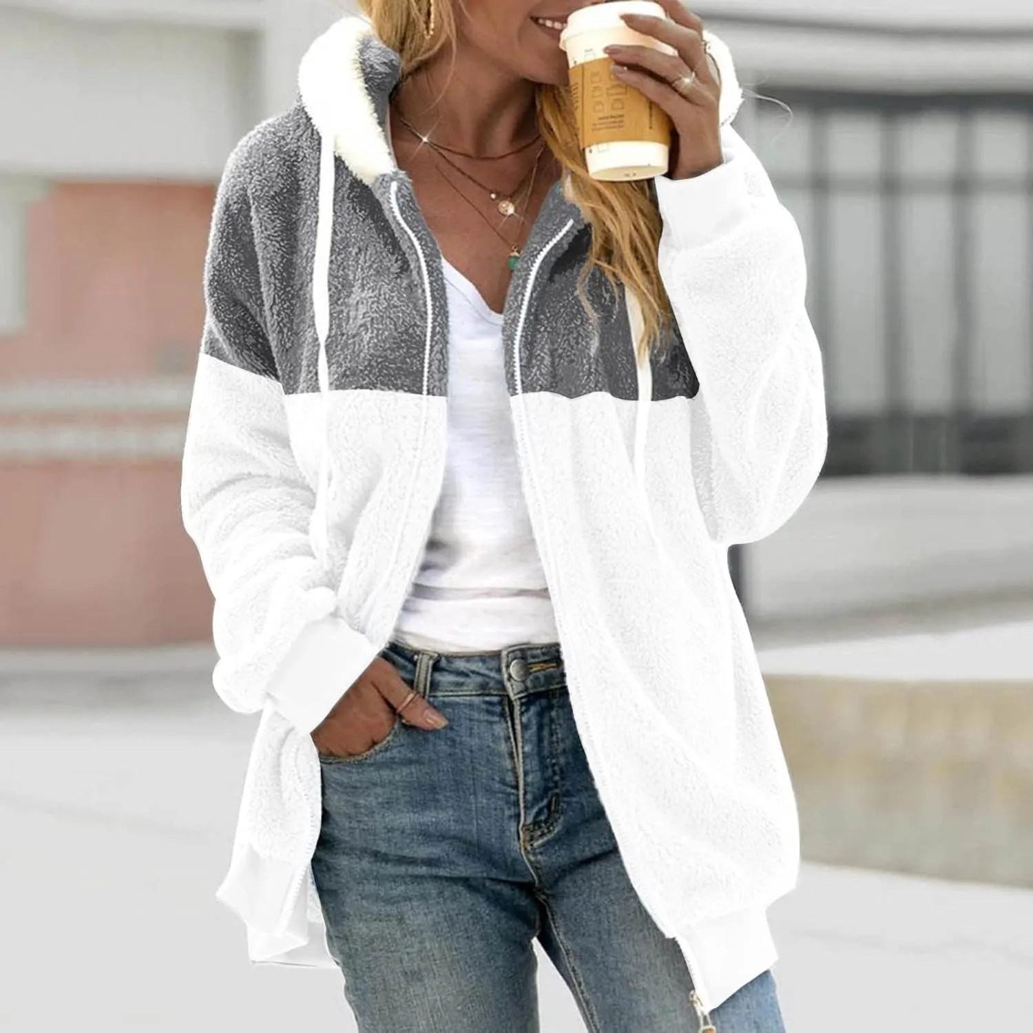 Women's Casual Fashion Loose Solid Color Hat Plus Fleece Collar Pocket Jacket