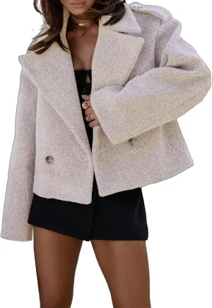 Womens Cropped Peacoat Double Breasted Notched Lapel Coat Wool Blend Short Winter Trench Jacket Casual Dressy Top
