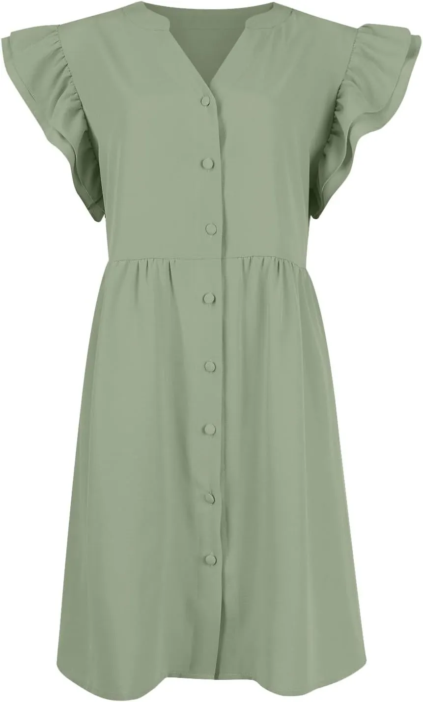 Women's Dresses 2024 Summer Mini Dress Casual Ruffle Sleeveless Button Down V Neck Loose Tunic Dress Sundresses