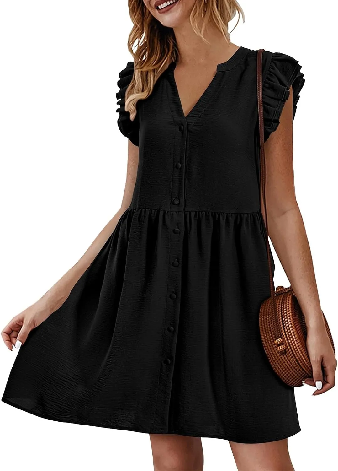 Women's Dresses 2024 Summer Mini Dress Casual Ruffle Sleeveless Button Down V Neck Loose Tunic Dress Sundresses