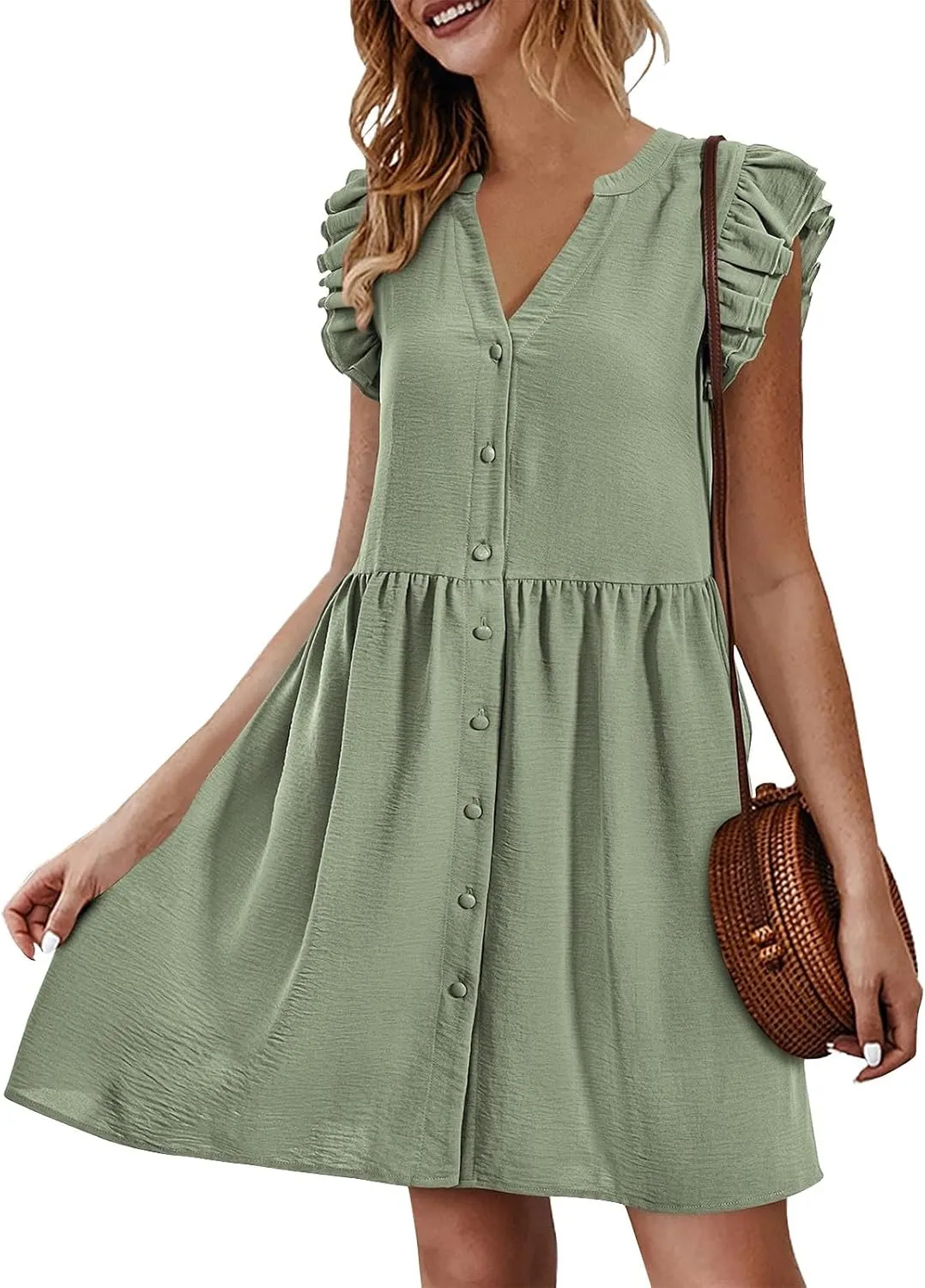 Women's Dresses 2024 Summer Mini Dress Casual Ruffle Sleeveless Button Down V Neck Loose Tunic Dress Sundresses
