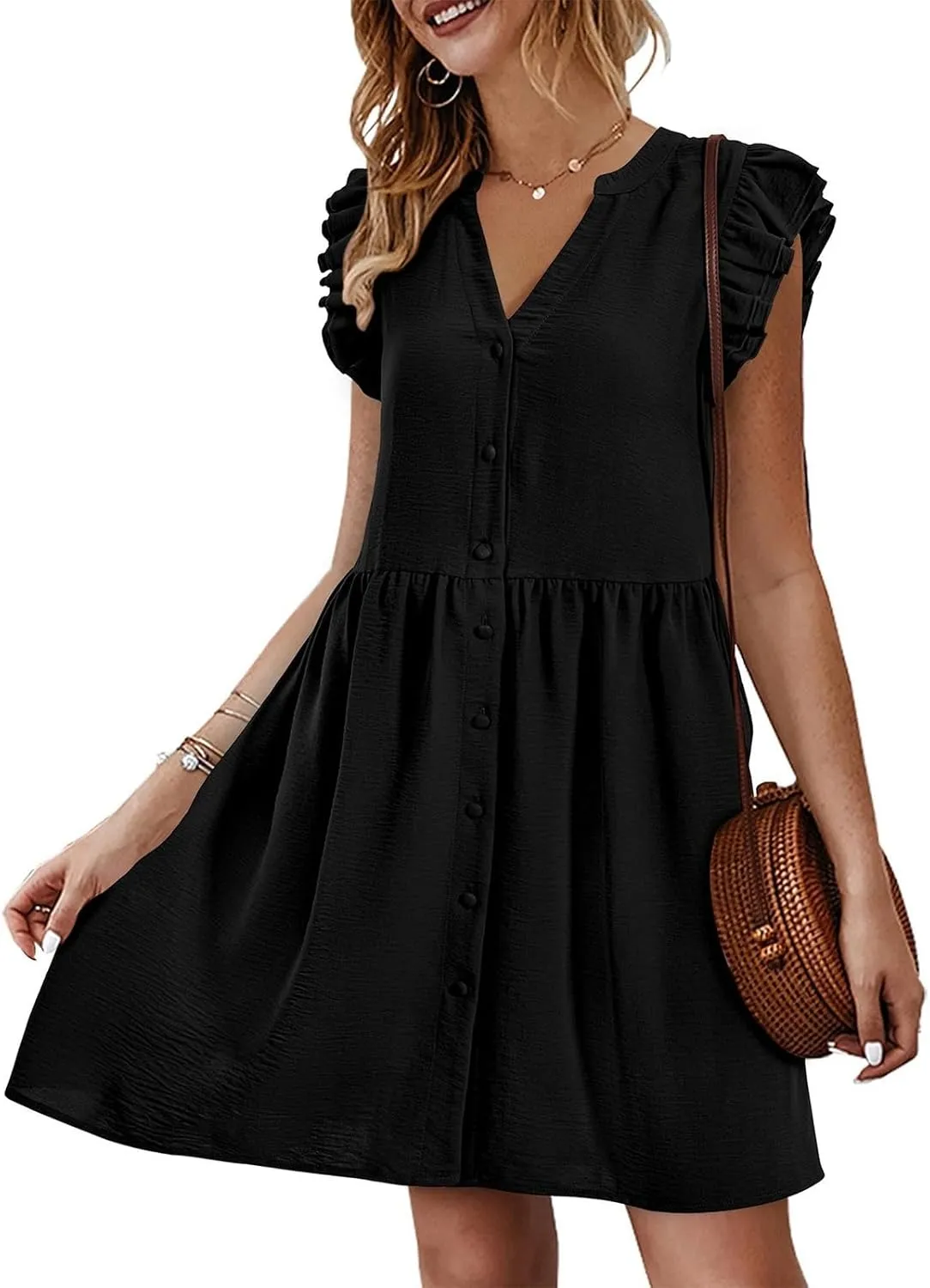 Women's Dresses 2024 Summer Mini Dress Casual Ruffle Sleeveless Button Down V Neck Loose Tunic Dress Sundresses