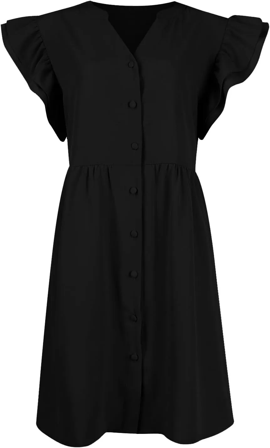 Women's Dresses 2024 Summer Mini Dress Casual Ruffle Sleeveless Button Down V Neck Loose Tunic Dress Sundresses