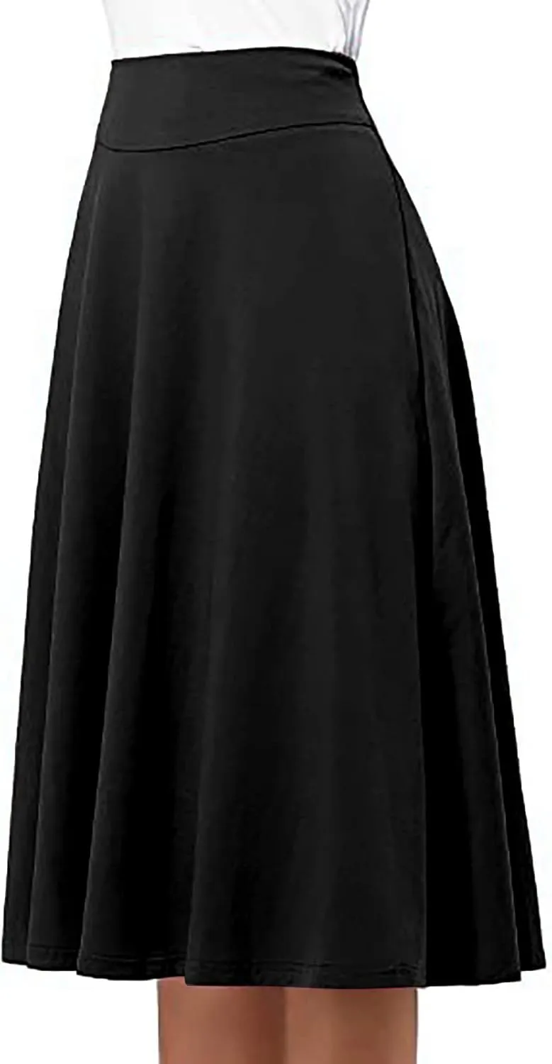 Women's Elastic High Waist Midi Skirt Solid Color Casual Skirt Plus Size Loose Beach Skirt with Pockets
