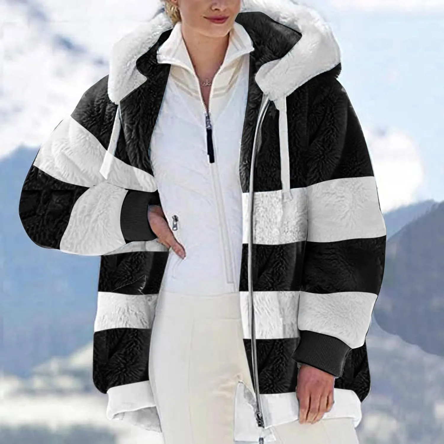 Women'S Fleece Zip Up Jacket Zipper Pocket Plush Sweater Jacket With Hood Insulated Winter Jackets For Women Fleece