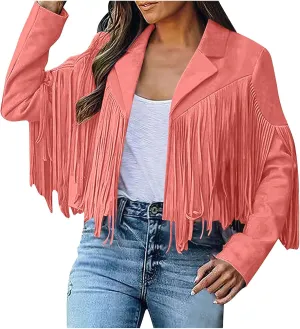 Women's Fringe Jacket Faux Suede Leather Jackets 2024 Fashion Tassel Motorcycle Cropped Coats Long Sleeve Coat