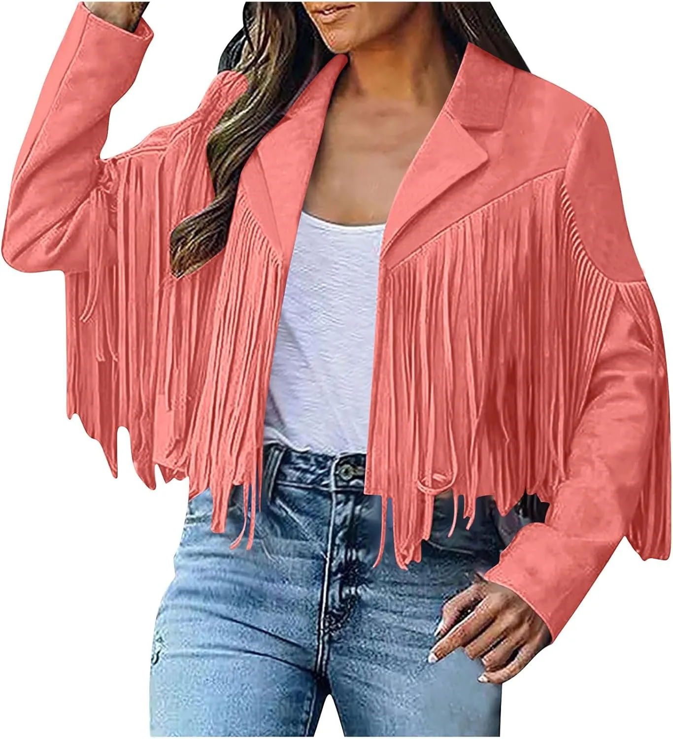 Women's Fringe Jacket Faux Suede Leather Jackets 2024 Fashion Tassel Motorcycle Cropped Coats Long Sleeve Coat