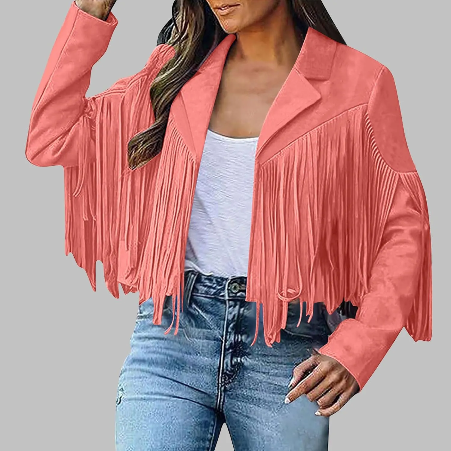 Women's Fringe Jacket Faux Suede Leather Jackets 2024 Fashion Tassel Motorcycle Cropped Coats Long Sleeve Coat