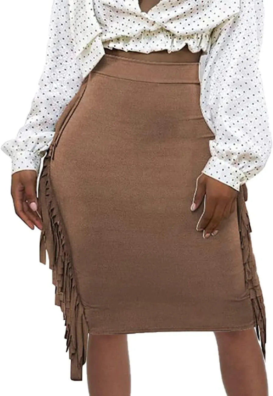 Women's High Waist Side Tassels Fringe Bodycon Pencil Midi Skirt