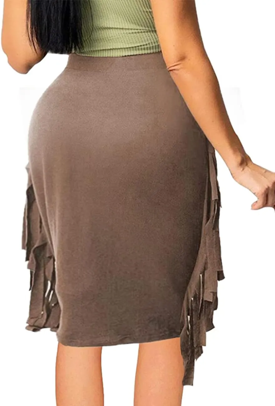 Women's High Waist Side Tassels Fringe Bodycon Pencil Midi Skirt
