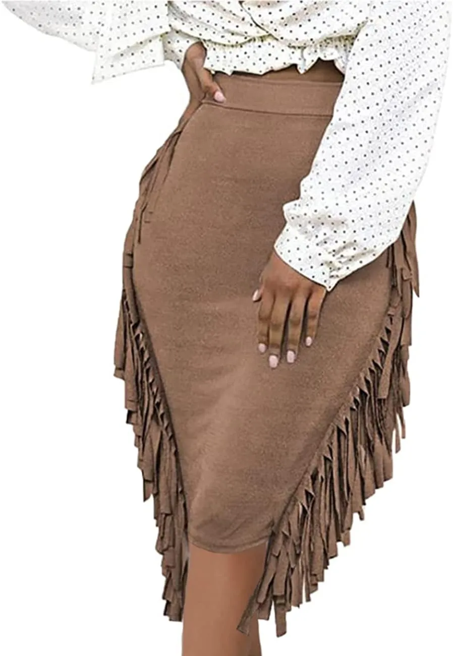 Women's High Waist Side Tassels Fringe Bodycon Pencil Midi Skirt