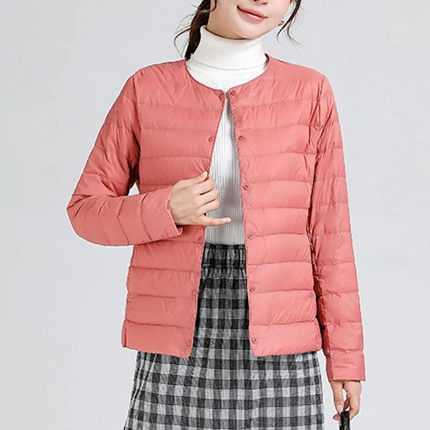 Womens Lightweight Quilted Puffer Jackets Collarless Snap Packable Short Down Jacket Winter Warm Down Coats Outwear