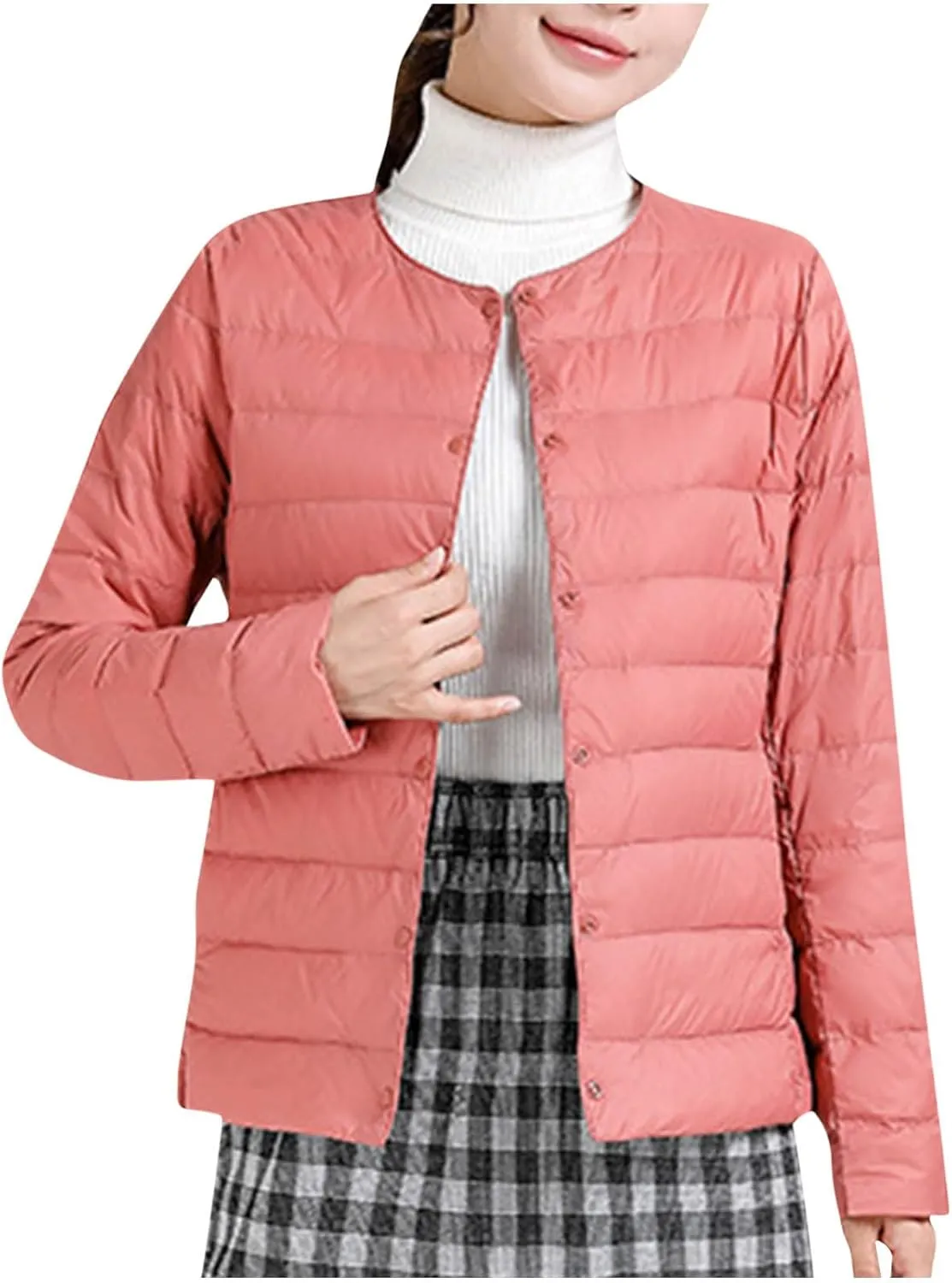 Womens Lightweight Quilted Puffer Jackets Collarless Snap Packable Short Down Jacket Winter Warm Down Coats Outwear