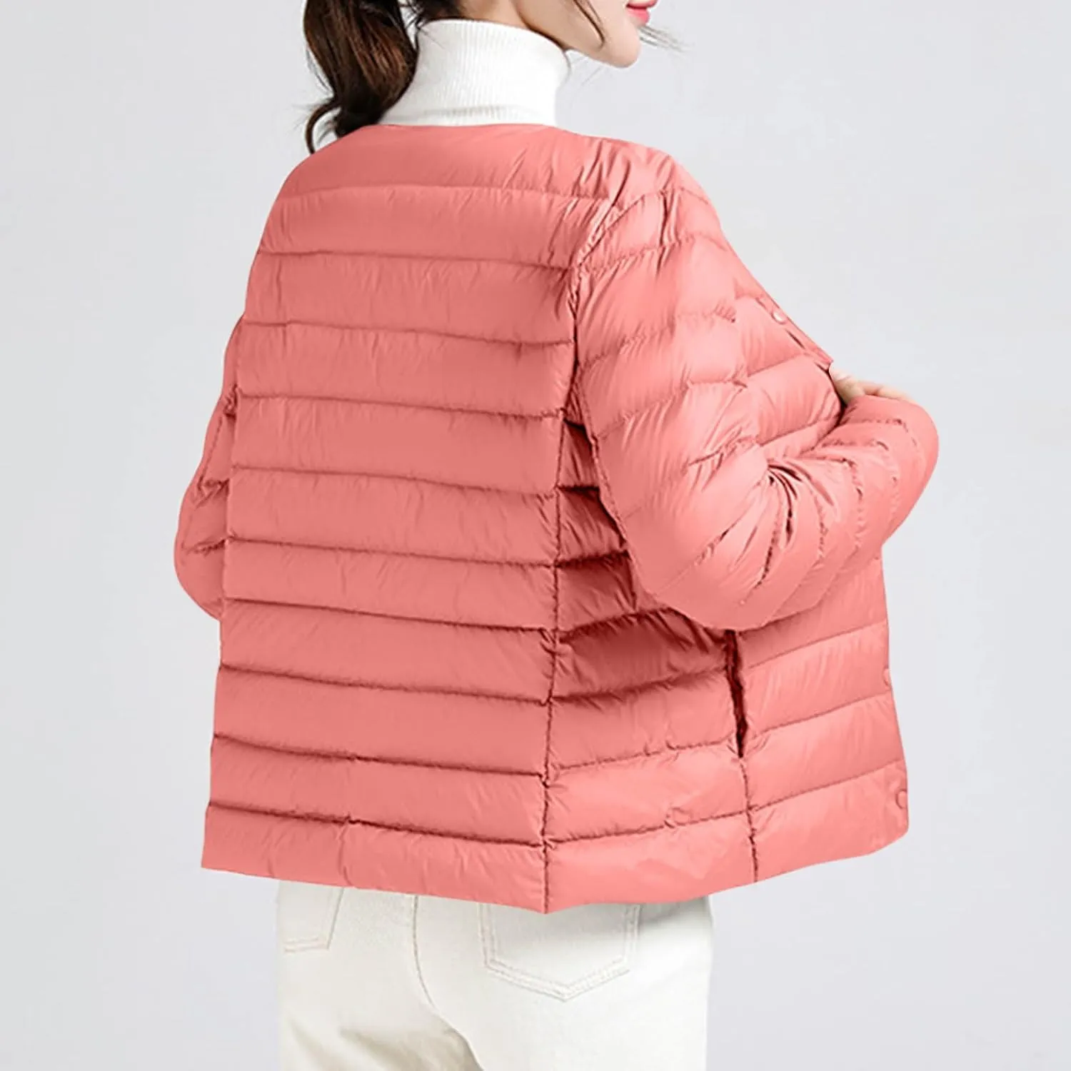 Womens Lightweight Quilted Puffer Jackets Collarless Snap Packable Short Down Jacket Winter Warm Down Coats Outwear