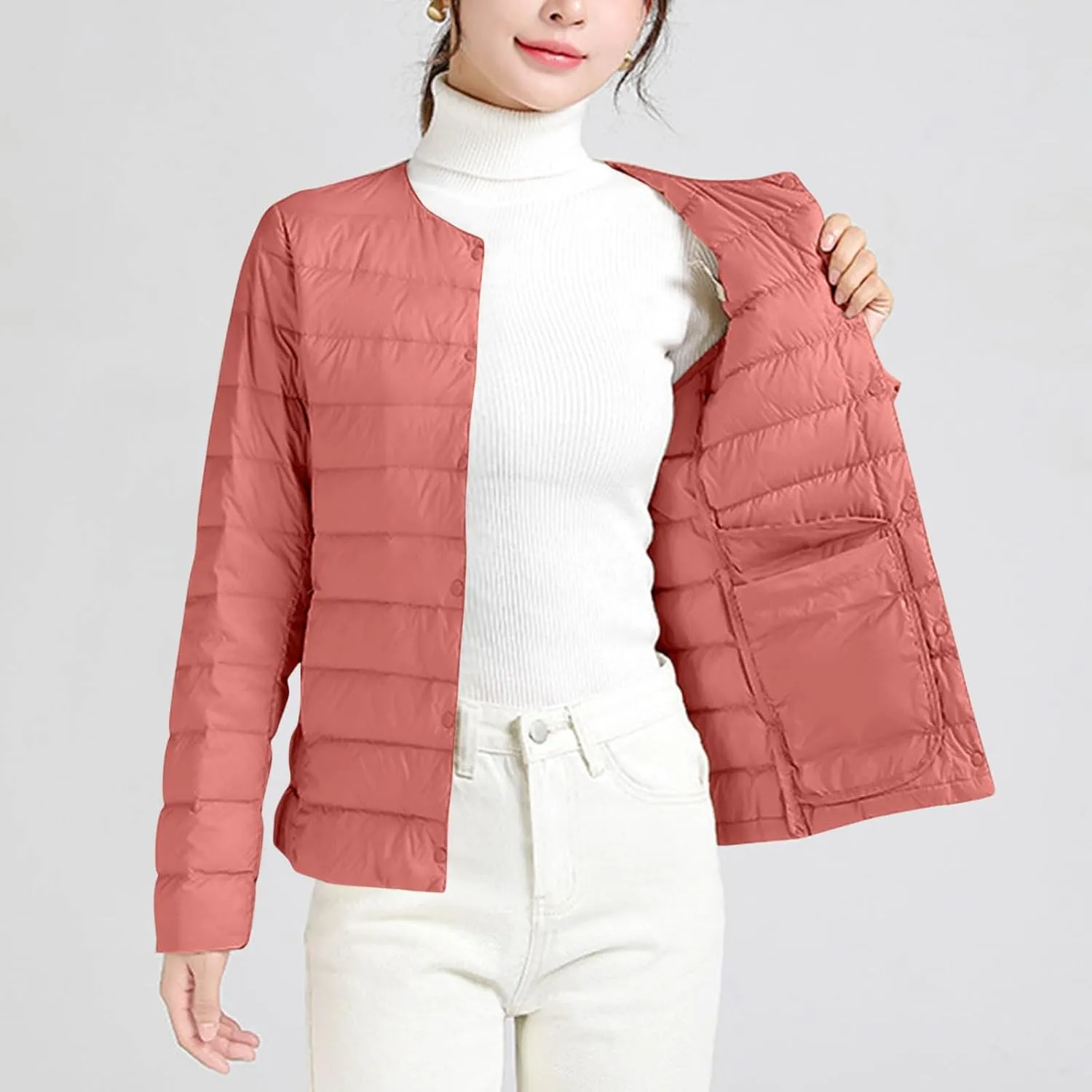 Womens Lightweight Quilted Puffer Jackets Collarless Snap Packable Short Down Jacket Winter Warm Down Coats Outwear