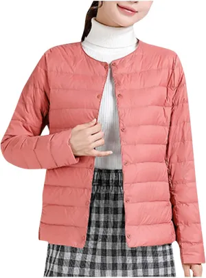 Womens Lightweight Quilted Puffer Jackets Collarless Snap Packable Short Down Jacket Winter Warm Down Coats Outwear