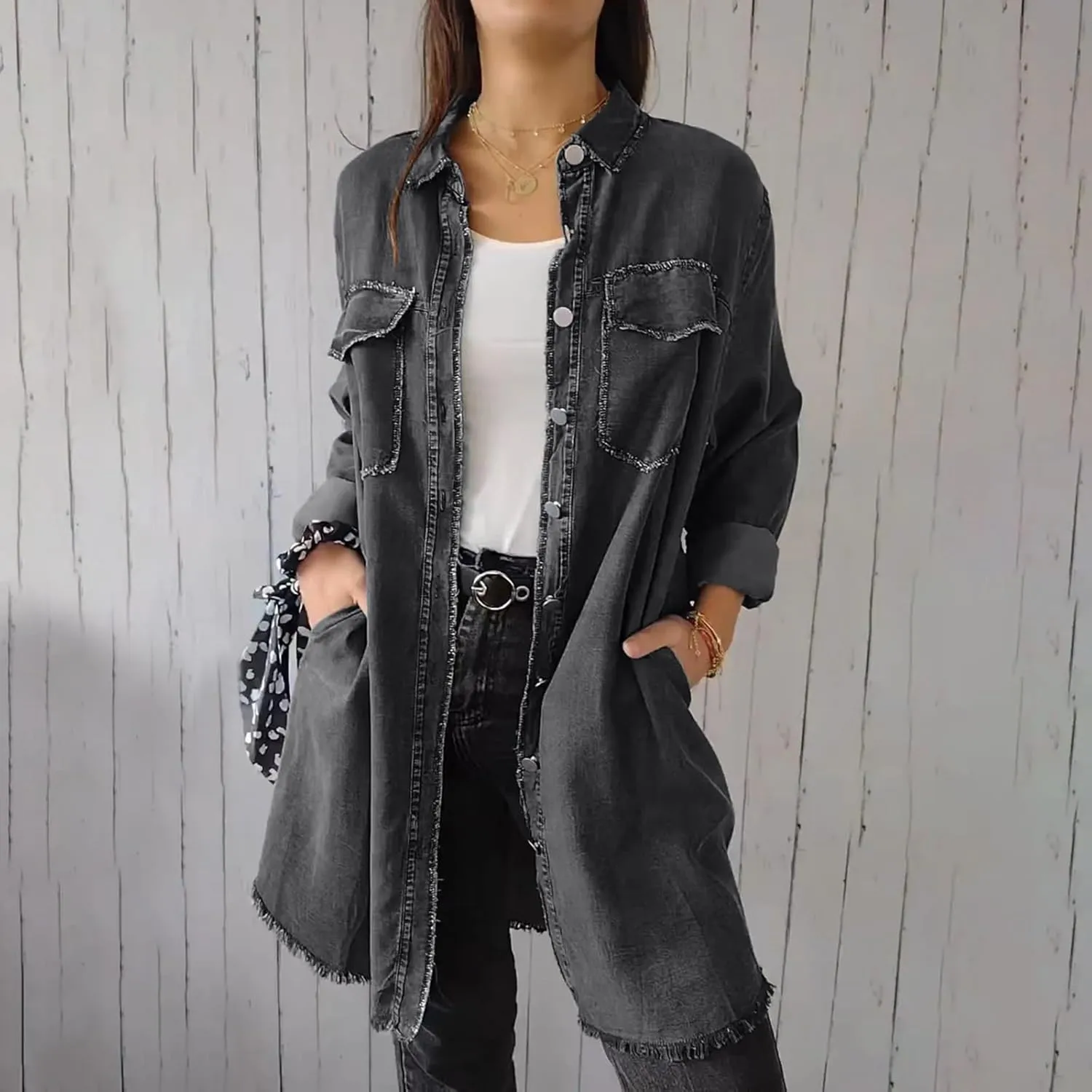 Womens Long Denim Jackets Plus Size Trench Coat Open Front Cardigan Button Down Long Sleeve Classic Jeans Jackets