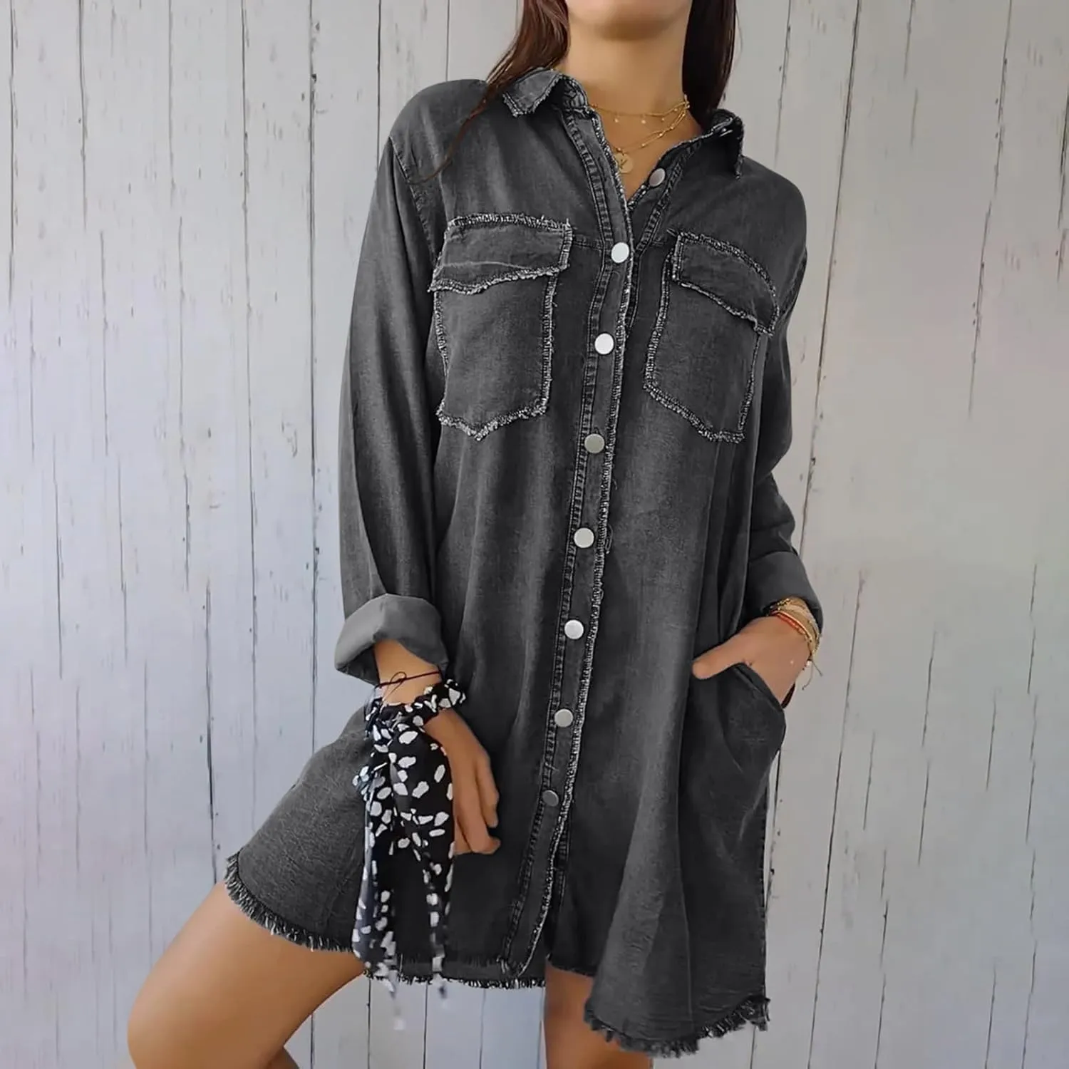 Womens Long Denim Jackets Plus Size Trench Coat Open Front Cardigan Button Down Long Sleeve Classic Jeans Jackets