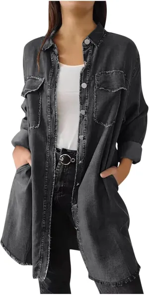 Womens Long Denim Jackets Plus Size Trench Coat Open Front Cardigan Button Down Long Sleeve Classic Jeans Jackets